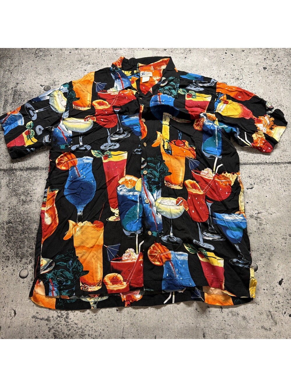 Cherokee Waikiki Wear Mens Shirt XL Black Cocktail Drinks Hawaiian Aloha Bar